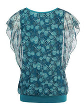 Load image into Gallery viewer, BAISHENGGT Women's Printed Flouncing Flared Short Sleeve Mesh Blouse Top X-Large Turquoise-Leaves Printed
