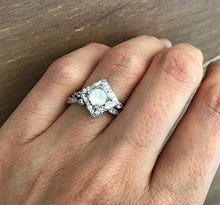 Load image into Gallery viewer, Round Moonstone Bridal Set- Rainbow Moonstone Engagement Ring Set- Alternative Wedding Set Ring- Sterling Silver Halo Engagement Set