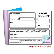 Load image into Gallery viewer, Cherry Carbonless Cash Receipt Book, 3-Part, with Loose-Leaf Writing Shield, A6 (4.1 x 5.8 Inches) 50 Sets, Unnumbered