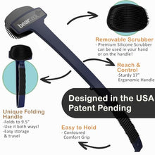 Load image into Gallery viewer, Bearback Back Scrubber: Premium Bath/Shower Back & Body Silicone Scrubber with Long Extendable Folding Handle for Adults/Men/Women/Elderly. Removable Scrubber. American Small Business (Navy)
