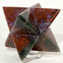 Load image into Gallery viewer, HC Set: 67mm 8 Point Red Purple Green Moss Agate Merkaba Star Natural Sparkling Mineral Polished Chalcedony Crystal Stone Star - India + One Polished Clear Quartz Cabochon