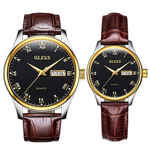 Load image into Gallery viewer, OLEVS Couples Leather Watches for Men and Women Lover Wedding Gifts Set of 2,His and Hers Business Casual Dress Black Dial Day Date Analog Quartz Wrist Watch Waterproof Luminous with Retro Band Brown