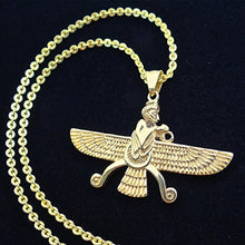 Load image into Gallery viewer, Asoodehdelan Large Double Sided Gold Pt Farvahar Necklace Iranian Gift Persian Iran Faravahar (18" Chain)