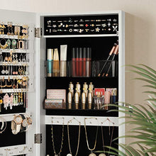 Load image into Gallery viewer, SONGMICS Jewelry Cabinet Armoire, Lockable Wall-Mounted Storage Organizer Unit with 2 Plastic Cosmetic Storage Trays, Full-Length Frameless Mirror, for Necklace Earring, White UJJC001W01