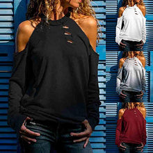 Load image into Gallery viewer, Wave Cold Shoulder Ripped Sleeve T-Shirt Women Sexy Ripped Long Sleeve T-Shirt Solid Color Loose Top Black M