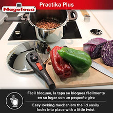 Load image into Gallery viewer, Magefesa® Practika Plus Super Fast pressure cooker, 6.3 Quart, 18/10 stainless steel, suitable induction, excellent heat distribution, 5-layer encapsulated heat diffuser bottom, 5 safety systems