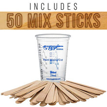 Load image into Gallery viewer, TCP Global 10 Ounce (300ml) Disposable Flexible Clear Graduated Plastic Mixing Cups - Box of 100 Cups & 50 Mixing Sticks - Use for Paint, Resin, Epoxy, Art, Kitchen - Measuring Ratios 2-1, 3-1, 4-1 ML