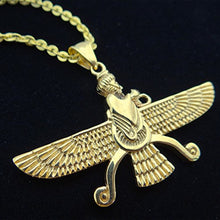 Load image into Gallery viewer, Asoodehdelan Large Double Sided Gold Pt Farvahar Necklace Iranian Gift Persian Iran Faravahar (18" Chain)