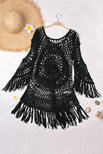 Load image into Gallery viewer, CUPSHE Women's Cover Up Black Crochet Hollow Out Tassel Swimsuit Three Quarter Sleeve, S