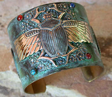 Load image into Gallery viewer, Patina Brass Egyptian Scarab Motif Wide Cuff Bracelet - Carnelian, Navy Onyx, Turquoise