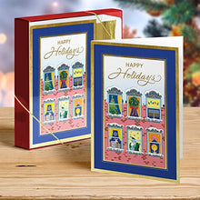 Load image into Gallery viewer, Designer Greetings Interfaith Boxed Christmas Cards, Apartment Windows with Christmas and Hanukkah Holiday Symbols (Box of 18 Gold Foil Embossed Cards with Envelopes)