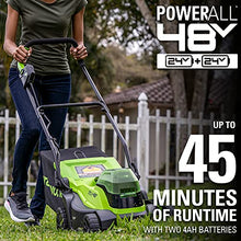 Load image into Gallery viewer, Greenworks 48V 14" Brushless Cordless Lawn Mower, (2) 4.0Ah USB Batteries (USB Hub) and Dual Port Rapid Charger Included (2 x 24V)