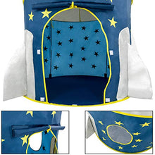 Load image into Gallery viewer, FoxPrint Rocket Ship Tent - Space Themed Pretend Play Tent - Space Play House - Spaceship Tent for Kids - Foldable Pop Up Star Play Tent Blue