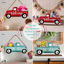Load image into Gallery viewer, Winder Truck Welcome Sign & Home Sign, 2-Side Red Truck Christmas Decor Signs with 10 Pcs Icons for Front Door, Holiday, Fall, Christmas, Harvest, Easter, Halloween, Seasonal and Interchangeable Wall Hanging & Freestanding Tabletop Decor for Your Home