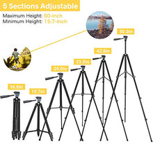Load image into Gallery viewer, Phone Tripod, Torjim 50-inch Extendable and Lightweight Aluminum Tripod Stand with Bluetooth Remote Shutter, Phone Clip, Portable Travel Tripod for Photography, Video Recording, Vlogging, and More