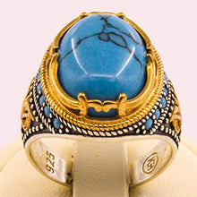 Load image into Gallery viewer, Solid 925 Sterling Silver Rings for Men Turkish Handmade Simulated Turquoise Luxury Design Premium Quality (9)