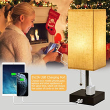 Load image into Gallery viewer, USB Bedside Table Lamp,Hansang Nightstand Lamp with Dual Charging Ports,LED Desk Lamps for Bedrooms,Tetragon Fabric Linen Lamp Shade with Pull Chain,E26 Warm White Light Bulb Included