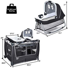 Load image into Gallery viewer, BABY JOY 4 in 1 Portable Baby Playard with Bassinet, Changing Table, Foldable Bassinet Bed & Activity Center, Newborn Napper with Toys & Music, Large Capacity Storage Shelf, Oxford Carry Bag (Grey)