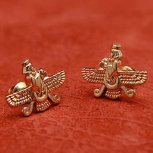 Load image into Gallery viewer, 18K Gold Pt Farvahar Iranian Persian Farsi Farohar Earring Iran Persia Pahlavi Gift (Push Back)