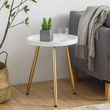 Load image into Gallery viewer, HuiDao Round Side Table Wooden Tray Table with Metal Tripod Stand Nightstand Coffee Table End Table for Living Room Bedroom Office Small Spaces, 18" H x 15”D (White & Gold)