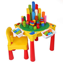 Load image into Gallery viewer, burgkidz Kids 5-in-1 Multi Activity Table Set - Building Block Table with Storage - Play Table Includes 1 Chair and 128 Pieces Compatible Large Bricks Building Blocks - Green Baseplate/Yellow Color