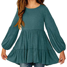 Load image into Gallery viewer, Vermisse Girls' Long Lantern Sleeve Tunic Tops Round Neck Casual Loose Swing Shift Pollover Blackish Green