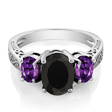 Load image into Gallery viewer, Gem Stone King 2.53 Ct Oval Black Onyx & Purple Amethyst 925 Sterling Silver 3-Stone Gemstone Women's Ring (Size 5)