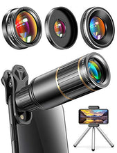 Load image into Gallery viewer, CoPedvic Phone Camera Lens Phone Lens for iPhone Samsung Pixel Android, 22X Telephoto Lens, 4K HD 0.67X Super Wide Angle Lens&25X Macro Lens, 205° Fisheye Lens, Work as Telescope with Metal Tripod