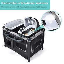 Load image into Gallery viewer, BABY JOY 4 in 1 Portable Baby Playard with Bassinet, Changing Table, Foldable Bassinet Bed & Activity Center, Newborn Napper with Toys & Music, Large Capacity Storage Shelf, Oxford Carry Bag (Grey)