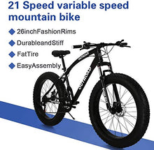 Load image into Gallery viewer, PanAme 26 inch Fat Tire Mountain Bike, High-Carbon Steel Frame, 21-Speed, Disc Brake and Shock Absorber Fork, Black