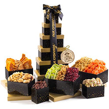 Load image into Gallery viewer, Christmas Gift Basket Holiday Dried Fruit & Nuts Black Tower + Ribbon (12 Assortments) Gourmet Food Bouquet Xmas Arrangement Platter, Birthday Care Package, Healthy Kosher Snack Box - Adults Men Women