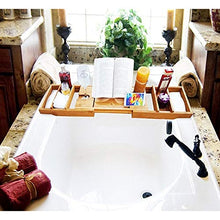 Load image into Gallery viewer, Wine Rack H Luxury Bamboo Bathtub Caddy Bath Tub Tray with Extending Sides Built in Book Tablet Holder Cellphone Tray & Integrated Wineglass Holder and Other Accessories Placement