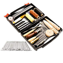 Load image into Gallery viewer, 50 Pieces Leather Working Tools and Supplies with Leather Tool Box Prong Punch Edge Beveler Wax Ropes Needles Perfect for Stitching Punching Cutting Sewing Leather Craft Making