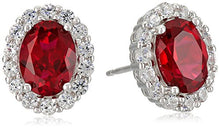 Load image into Gallery viewer, Sterling Silver Created Ruby and White Sapphire Halo Oval Stud Earrings