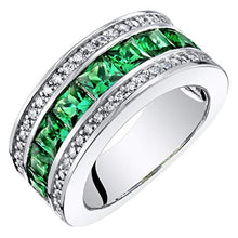 Load image into Gallery viewer, Sterling Silver Princess Cut Simulated Emerald 3-Row Wedding Ring Band 1.5 Carats Size 6