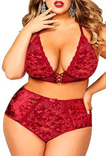 Load image into Gallery viewer, Women’s Crushed Velvet Lingerie Set, Cute Mesh Lace up Halter Bralette & High Waist Panty(Wine,2XL,325a)