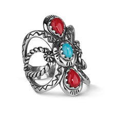 Load image into Gallery viewer, American West Sterling Silver Red Coral and Blue Turquoise Gemstone Twisted Rope & Zigzag Motif Ring Size 07