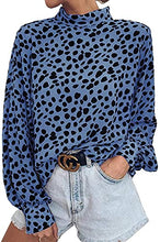 Load image into Gallery viewer, Valphsio Women Leopard Print Blouse Shirts Stand Collar Long Sleeves Vintage Casual Tops Blue