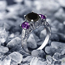 Load image into Gallery viewer, Gem Stone King 2.53 Ct Oval Black Onyx & Purple Amethyst 925 Sterling Silver 3-Stone Gemstone Women's Ring (Size 5)