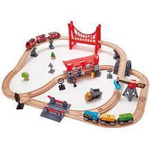Load image into Gallery viewer, Hape Busy City Train Rail Set | Complete City Themed Wooden Rail Toy Set for Toddlers with Passenger Train, Freight Train, Station, Play Figurines, and More, Multicolor, Model:E3730
