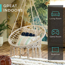 Load image into Gallery viewer, Best Choice Products Handwoven Cotton Macramé Hammock Hanging Chair Swing for Indoor & Outdoor Use w/Backrest, Fringe Tassels, 265 Pound Capacity - Beige