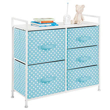 Load image into Gallery viewer, mDesign Wide Dresser 5 Drawers Storage Furniture - Wood Top, Easy Pull Fabric Bins - Organizer for Child/Kids Room or Nursery - Polka Dot Pattern, 32.6" W - Turquoise Blue with White Dots