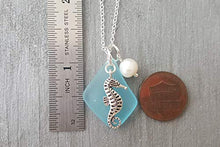 Load image into Gallery viewer, Handmade in Hawaii, turquoise bay blue sea glass necklace,"December Birthstone", freshwater pearl, seahorse charm, (Hawaii Gift Wrapped, Customizable Gift Message)