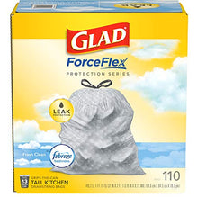 Load image into Gallery viewer, Glad ForceFlex Tall Kitchen Drawstring Trash Bags – 13 Gallon Trash Bag, Fresh Clean scent with Febreze Freshness – 110 Count (Package May Vary)
