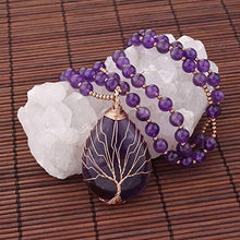Load image into Gallery viewer, Top Plaza Natural Stone Beads Healing Crystal Amethyst Necklace Tree of Life Wire Wrapped Teardrop Gemstone Pendant Jewelry for Womens Girls Mother