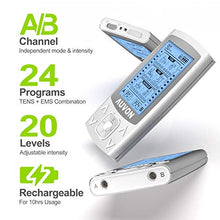 Load image into Gallery viewer, AUVON Dual Channel TENS EMS Unit 24 Modes Muscle Stimulator for Pain Relief, Rechargeable TENS Machine Massager with 12 Pads, ABS Pads Holder, USB Charger and Dust-Proof Storage Bag