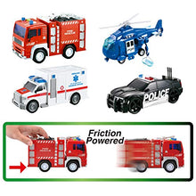 Load image into Gallery viewer, JOYIN 4 Packs Emergency Vehicle Toy Playsets, Friction Powered Vehicles with Light and Sound, Including Fire Truck, Ambulance Toy, Play Police Car and Toy Helicopter, Best Toddler Kids Boys Gifts