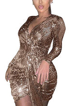 Load image into Gallery viewer, Women's Sequins Glitter Bodycon Dress - Sexy Deep V Neck Long Sleeve Party Mini Dress Clubwear Large Golden