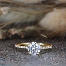 Load image into Gallery viewer, Lamrowfay 1Ct Halo Solitaire Cubic Zirconia Promise Engagement Ring in 14K Rose Gold or White Gold or Yellow Gold, 1.70cttw (Yellow-Gold, 7)