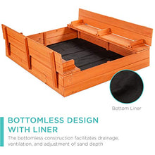 Load image into Gallery viewer, Best Choice Products 47x47in Kids Large Wooden Sandbox for Backyard, Outdoor Play w/Cedar Wood, 2 Foldable Bench Seats, Sand Protection, Bottom Liner - Brown
